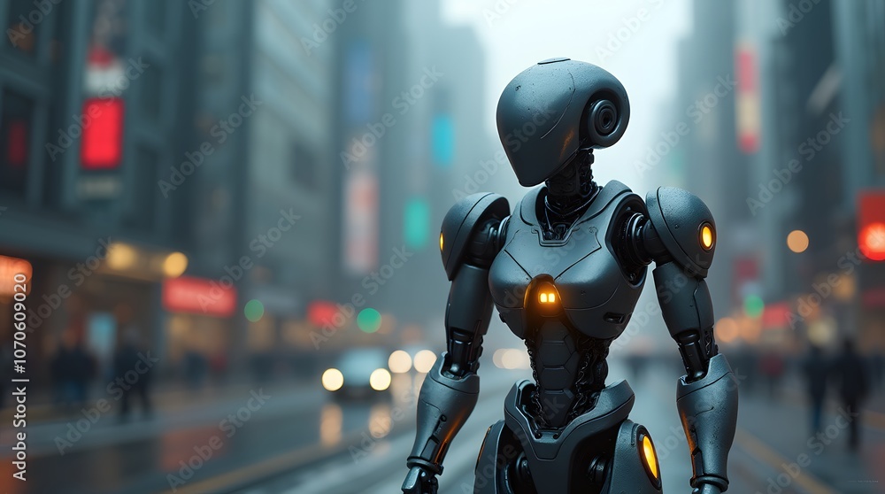 Poster advanced humanoid robot in a misty urban street, representing artificial intelligence and futuristic