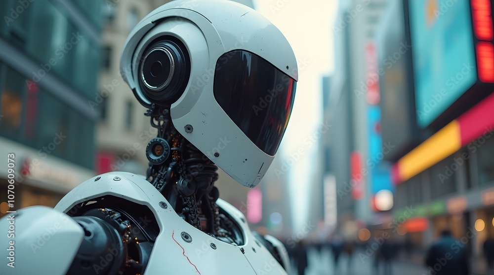 Aufkleber futuristic humanoid robot with a sleek white design in an urban street, representing advanced techno