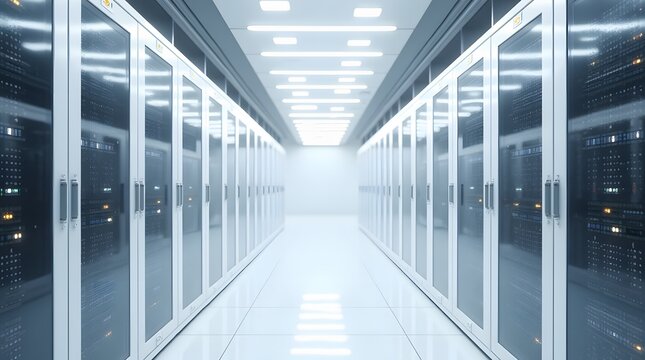 Modern data center hallway with rows of server racks and bright lighting, representing digital infrastructure and cloud computing. Concept of data storage and network security. Design for wallpaper, b