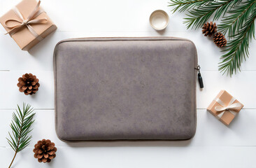 Fototapeta premium A stylish laptop sleeve mockup surrounded by gifts and evergreen decorations on a white wooden surface