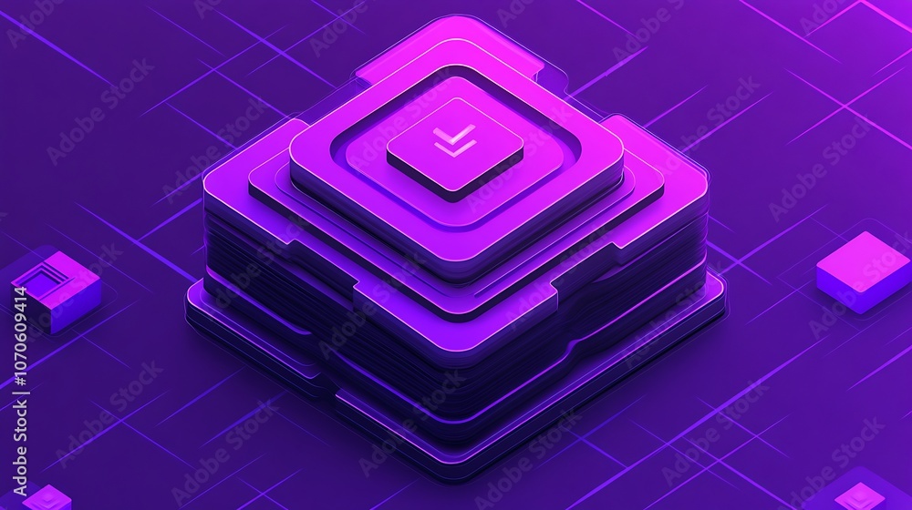 Poster abstract 3d geometric shapes in a purple gradient on a dark background, with a grid pattern.