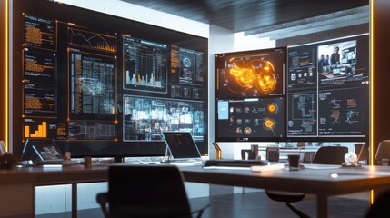 A creative workspace with futuristic displays showing virtual brainstorming sessions, highlighting the intersection of technology and collaboration.