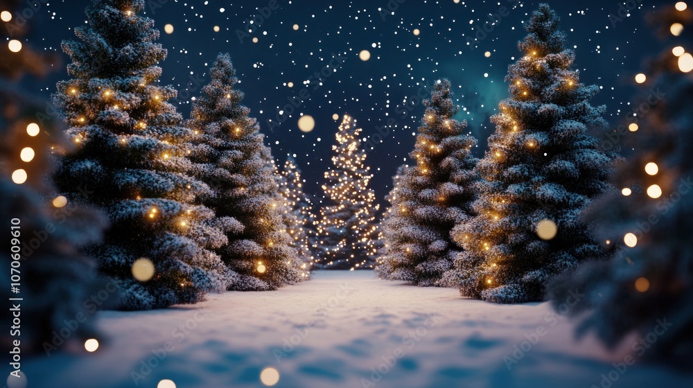 Poster 3d rendering of christmas trees in the snow with lights and snowflakes - generated ai