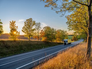 Silver truck driving on an asphalt road between rows of leafy trees in autumn colors in a rural landscape at sunset