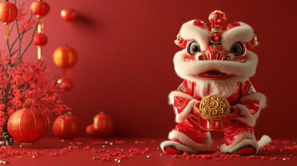 Fototapeta premium cute lion dance wearing traditional chinese suit holding mooncake in red background. chinese new year