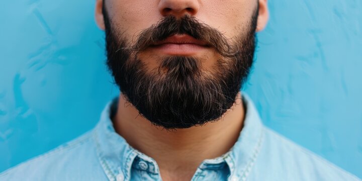 Stylish portrait of a man against a blue background, showcasing trendy casual clothing and a confident demeanor