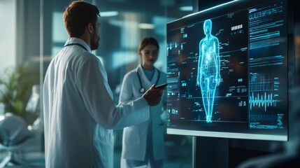 Doctor consulting with a patient on a rare disease treatment plan, interactive holographic models of the disease visible on a large screen in a futuristic clinic
