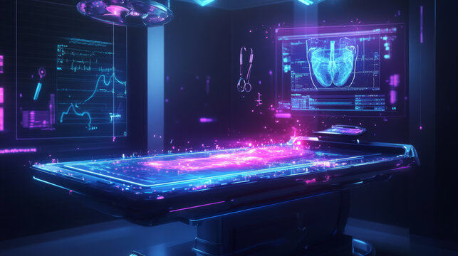 Digital surgical table with built-in holographic patient data and 3D visualization, surrounded by floating medical tools