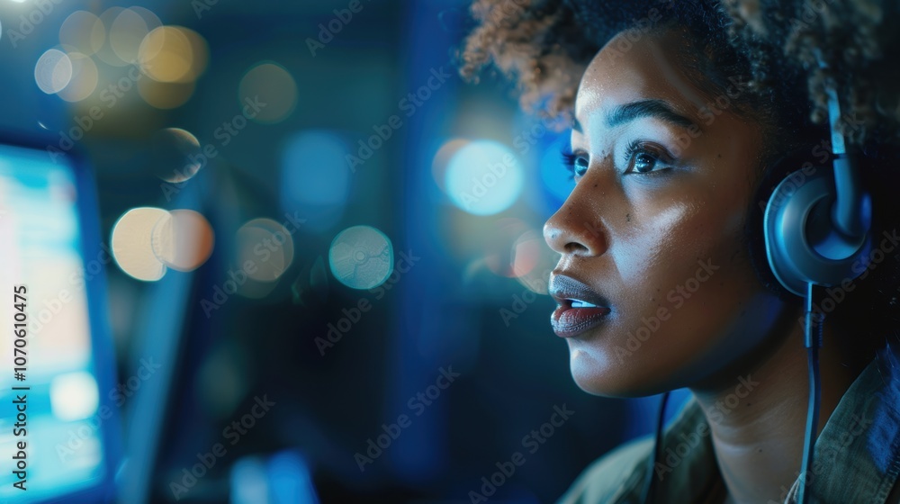 Poster female consultant working late at a call center, using a computer and headset to assist clients with