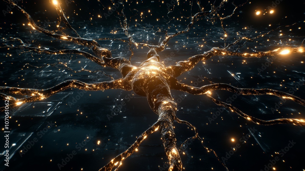 Poster glowing neural network abstract brain ai technology connectivity science data network innovation