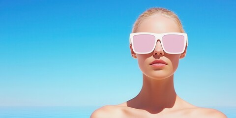 Fototapeta premium A young woman poses against a bright blue sky, wearing stylish oversized sunglasses, evoking a cool, summery vibe.