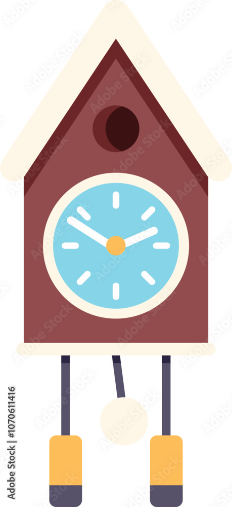 Poster cuckoo clock measuring time with swinging pendulum weights