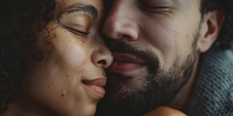 Fototapeta premium Joyful couple sharing a loving hug and affectionate eskimo kiss during a cozy date at home, embodying commitment, loyalty, and respect in their peaceful relationship