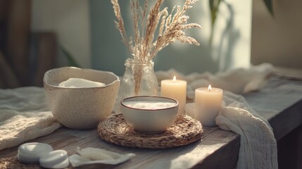 A serene arrangement of candles, bowls, and dried plant for relaxation and self-care.