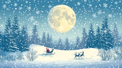Fototapeta premium Witness santa's sleigh and reindeer soaring across a majestic full moon in a winter wonderland