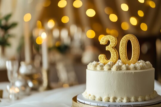 30th birthday cake adorned with gold accents. Birthday party. Blurred light festive background. Golden balloons. Thirty years or thirtieth anniversary. Celebration cake with golden candles. Numbers 30