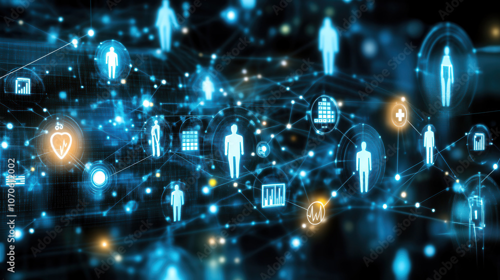Poster vibrant digital network showcasing health related icons and data visualizations, symbolizing connect