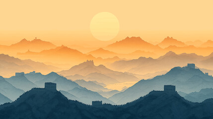 Splendid landscapes the Great Wall, Yellow Rivers, National Day holiday poster background. Peaceful mountain landscape with sunset, lake, and trees, minimalist nature illustration.