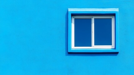 A bright blue wall featuring a simple white-framed window reflecting the sky.