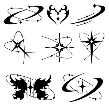 Y2k Design element, butterfly, sparkling stars, abstract shape for t shirt street wear fashion and y2k design. Retro Y2K Aesthetic Tattoo Elements Cosmic and Tribal Symbol Pack