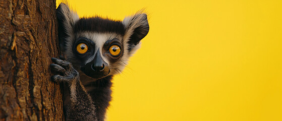 Fototapeta premium Striking lemur with large yellow eyes peering from behind tree trunk against vibrant yellow background, showcasing its unique features and curious expression