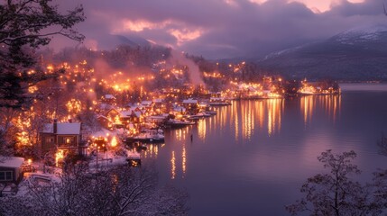 Obraz premium Magical Winter Village Lakeside Snowy Christmas Lights Holiday Scene