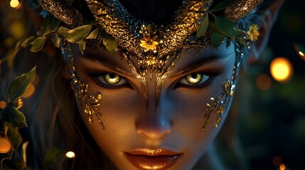Golden Elf Queen Fantasy Portrait Mystical Eyes Dark Forest Glowing Lights