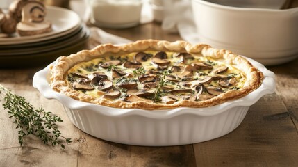 Savory Mushroom Quiche in White Dish on Table
