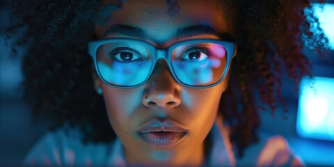 Woman working online at night, engaged in research and reading on devices. Focus on business, technology, and professional networking