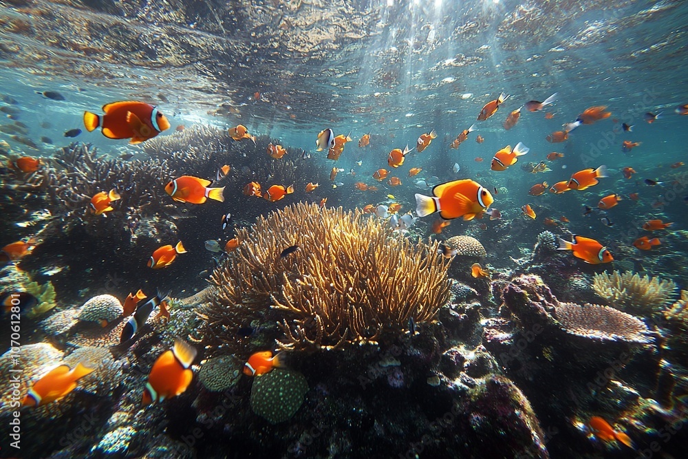 Aufkleber an enchanting underwater scene of a coral reef teeming with life, showcasing a diverse array of colo