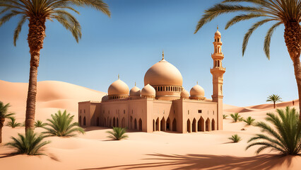 Desert oasis with mosque a serene oasis in the desert with a small mosque and lush palm trees, AI Generated