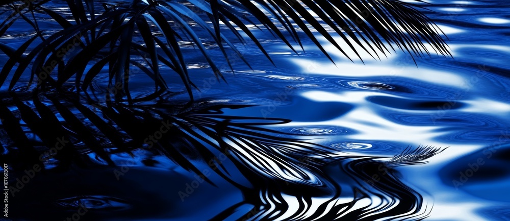 Poster an image with a silhouette of palm leaves over calm water with gentle ripples on a sunny day is cut 