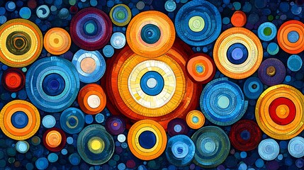 Abstract digital art with a mosaic of colorful circles on a dark blue background.