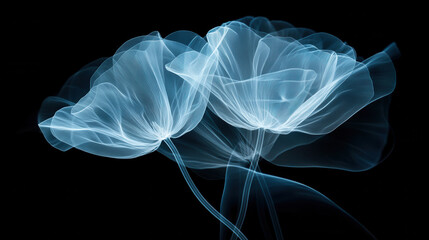 Glowing flowers in dark, showcasing ethereal light beams and delicate shapes. translucent petals create mesmerizing visual effect, evoking sense of tranquility