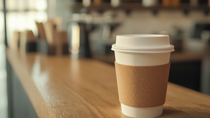 A close-up of a takeout coffee cup on a wooden counter in a coffee shop setting, creating a cozy and inviting atmosphere.