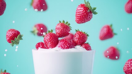 A vibrant display of strawberries falling into a creamy dessert against a light blue background, creating a fresh and appetizing visual.