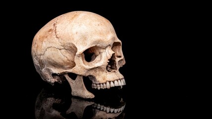 Obraz premium A detailed human skull displayed against a black background, its intricate structure and features.