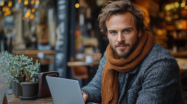 Man Working on Laptop in a Cafe with Warm Lighting