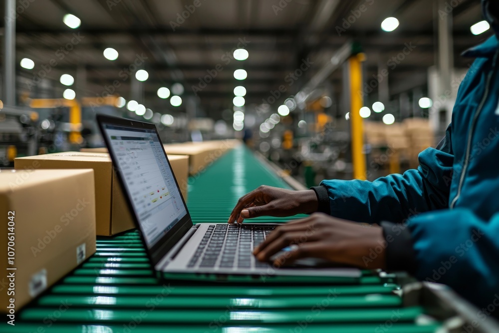 Leinwandbilder Manufacturing engineers use computers to control automated product inspection machines in modern factories while products are transported on conveyor belts to warehouses.