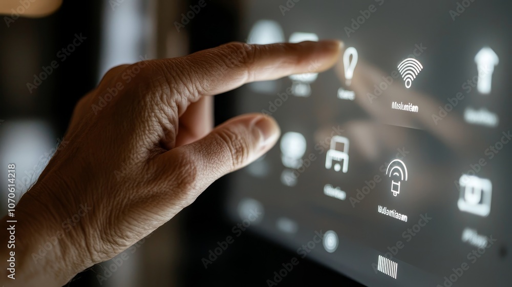 Poster A close-up shot of a man holding an innovative glass tablet with augmented reality holograms as a remote control for smart home appliances.