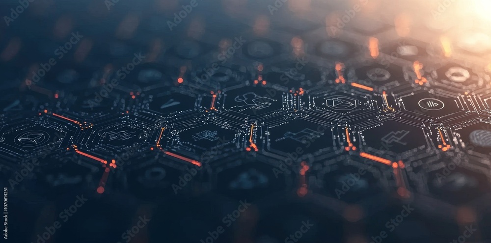 Poster Iconography and background of server room in double exposure used for internet of things concept and information technology.