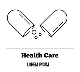 Open Pill with Medicine Line Art Isolated on White. Health care and pharmacy product production vector art
