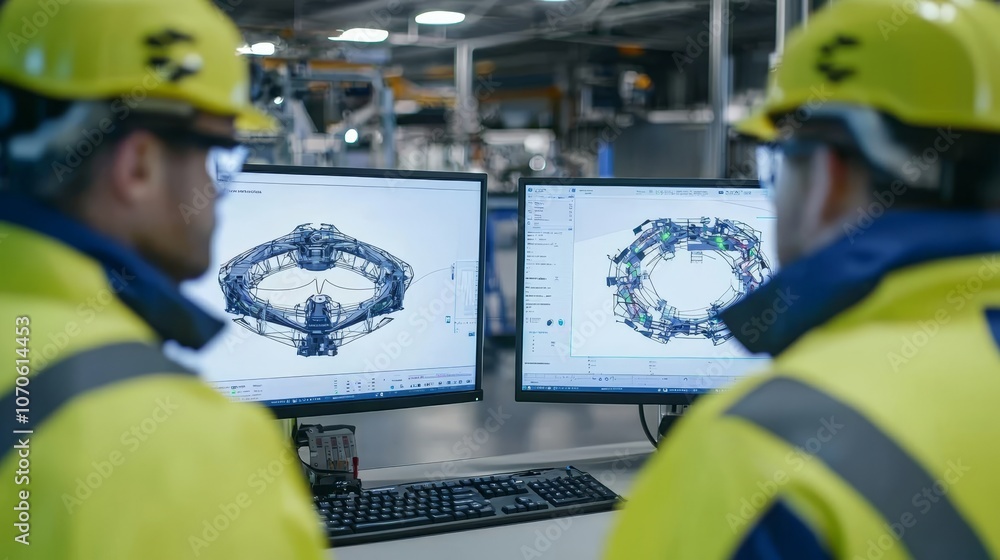 Poster In an Industry 4.0 Modern Factory, the Project Engineer talks with a female operator, who operates a production line using a computer with screens that show that stock and machine learning have