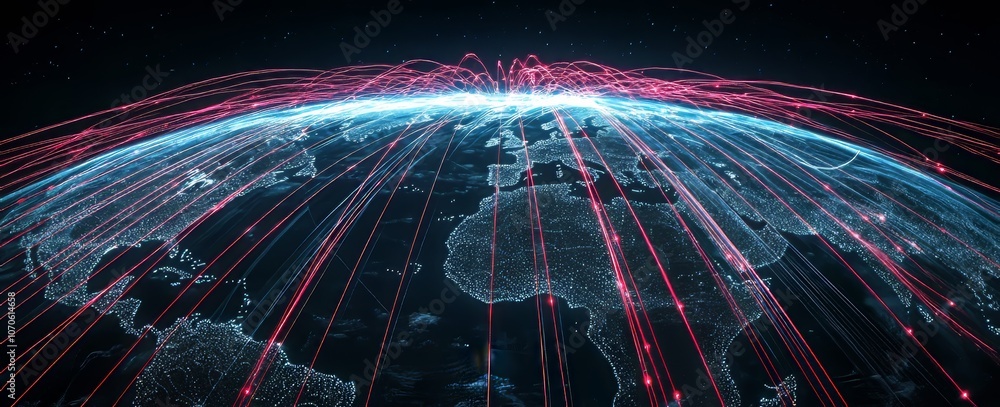 Poster Wireless systems for 5G networks with digital holograms on a city background. A 5G network digital hologram is projected onto the background.