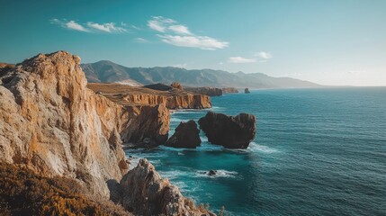 Scenic coastal cliffs with rock formations and turquoise waters under a clear sky in a tranquil...