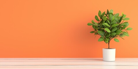 A modern interior featuring a lush potted plant against a vibrant orange wall, creating a fresh and inviting atmosphere.