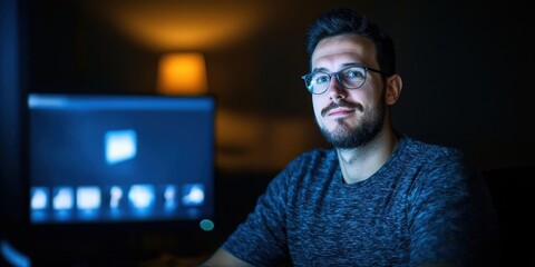A focused young man with glasses sits in a dimly lit room, illuminated by a computer screen and a warm lamp in the background, suggesting a creative working environment.