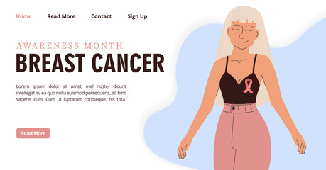 Young woman with breast cancer banner. Breast cancer awareness month flat concept landing page