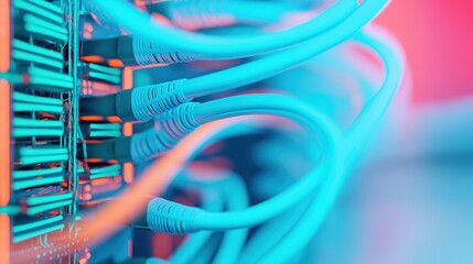 High-tech network cables connected to server with neon lights. Tech background image