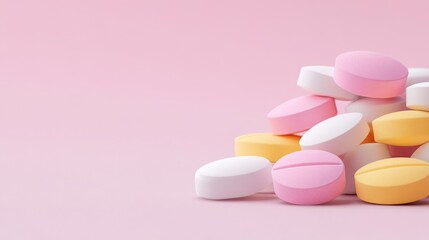 A colorful assortment of pill, pills arranged on a pink background.